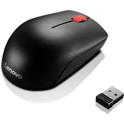 Sort trådløs Lenovo-mus med rødt scrollhjul, ved siden af en USB-modtager.