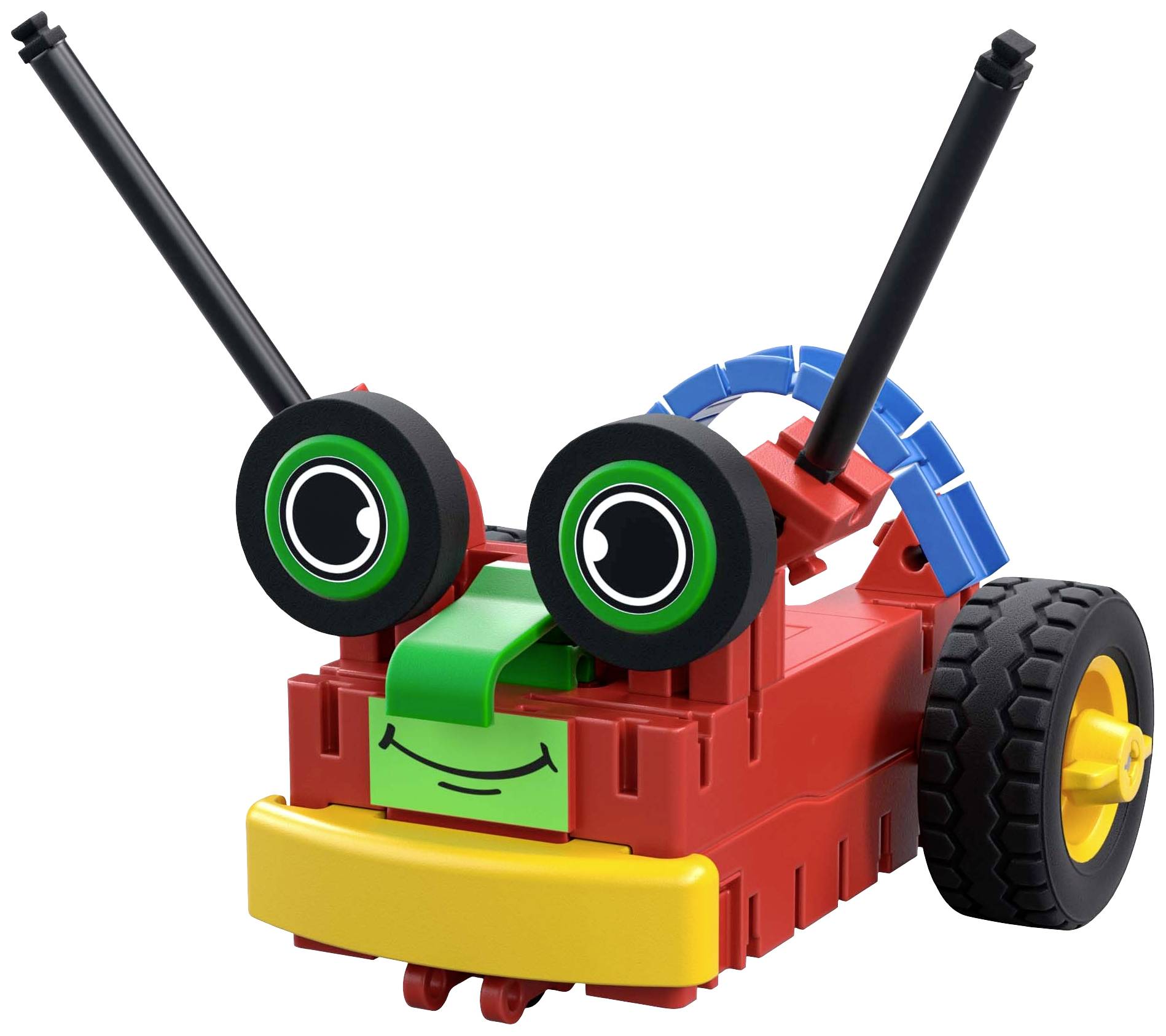 En farverig legetøjsrobot i form af en bille med store øjne, antenner og hjul. Den består af røde, grønne og blå dele.