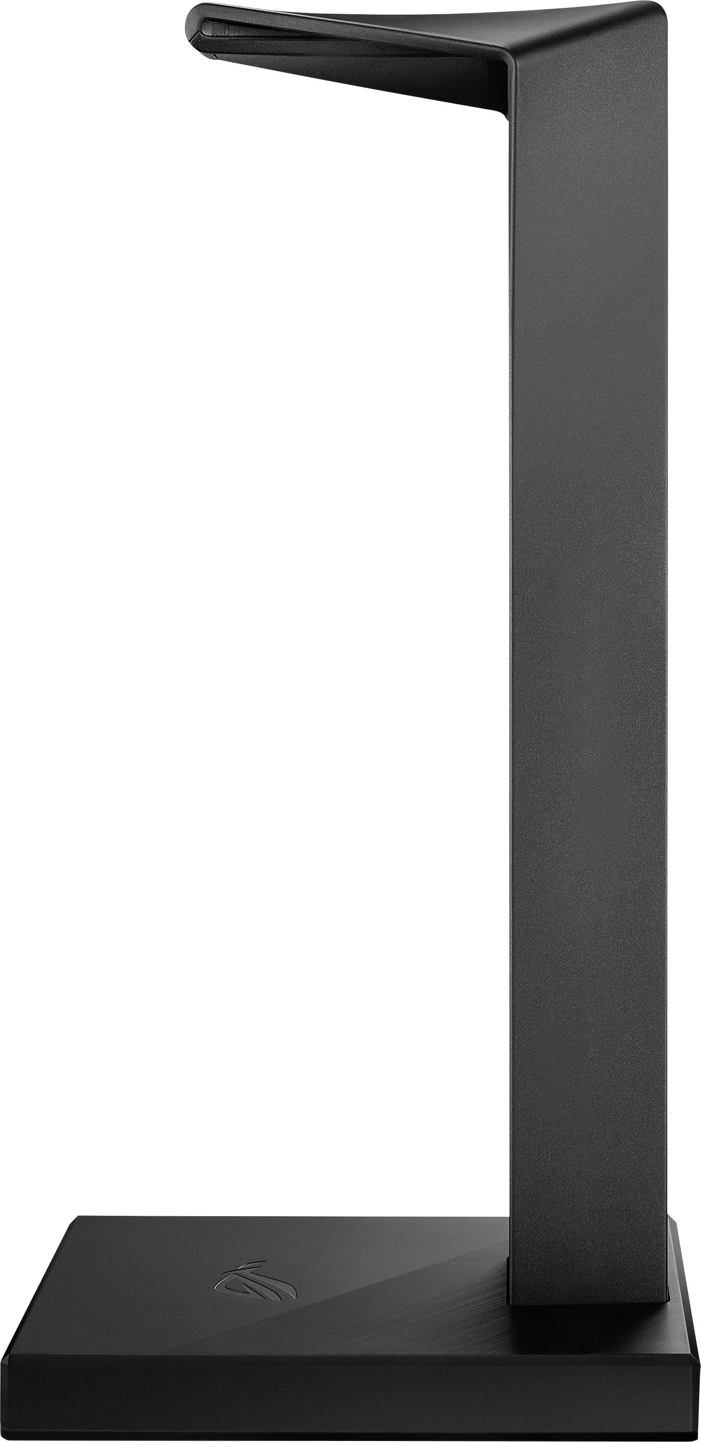 En sort, L-formet hovedtelefonholder med firkantet base. Ideel til systematisk opbevaring af hovedtelefoner.