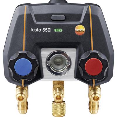 Ventilblok til det digitale manometer med to regulatorer og tre tilslutninger, mærkenavnet 'testo 550i' synligt på enheden.