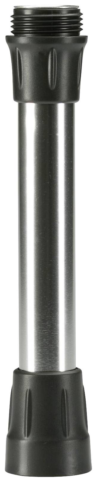 En skinnende metalcylinder med to sorte plastikender, sandsynligvis en teknisk eller mekanisk komponent.