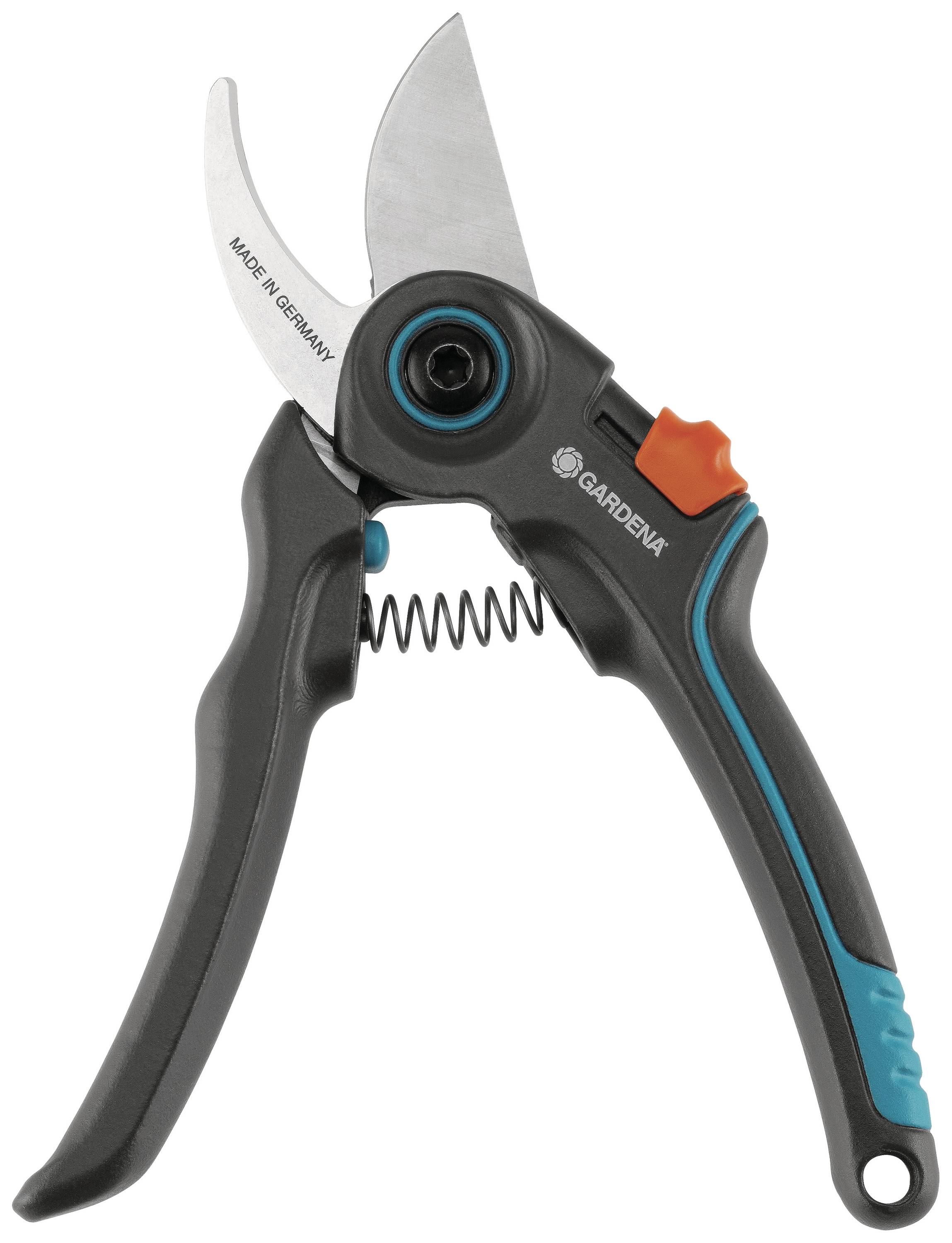 Havesaks med ergonomisk greb, fjederbelastet mekanisme og skarp klinge, velegnet til præcis beskæring af planter.