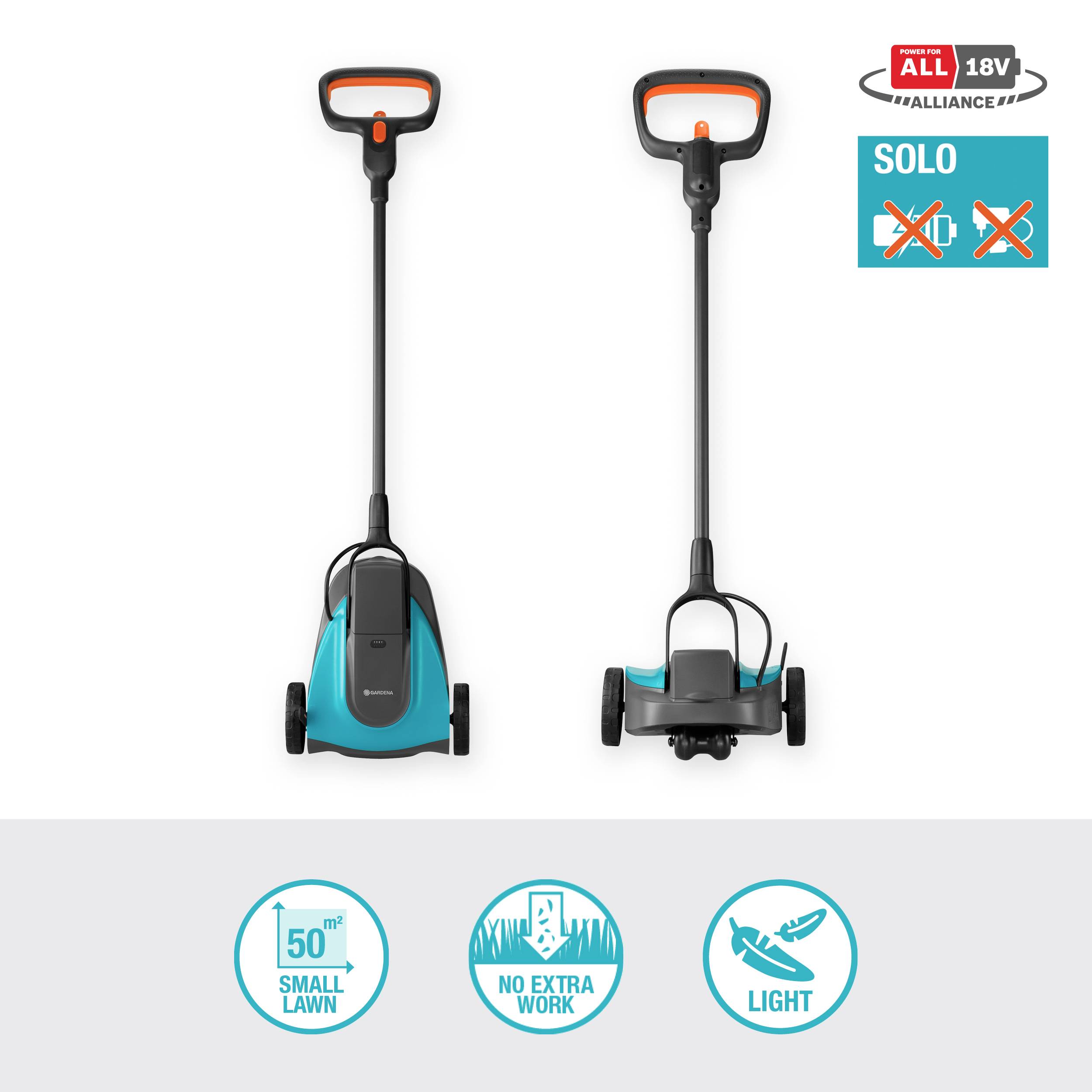 Let me translate this from German to Danish:<br><br>'Let elektrisk plæneklipper til små græsarealer på op til 50 m². Ingen ekstra arbejde påkrævet.'