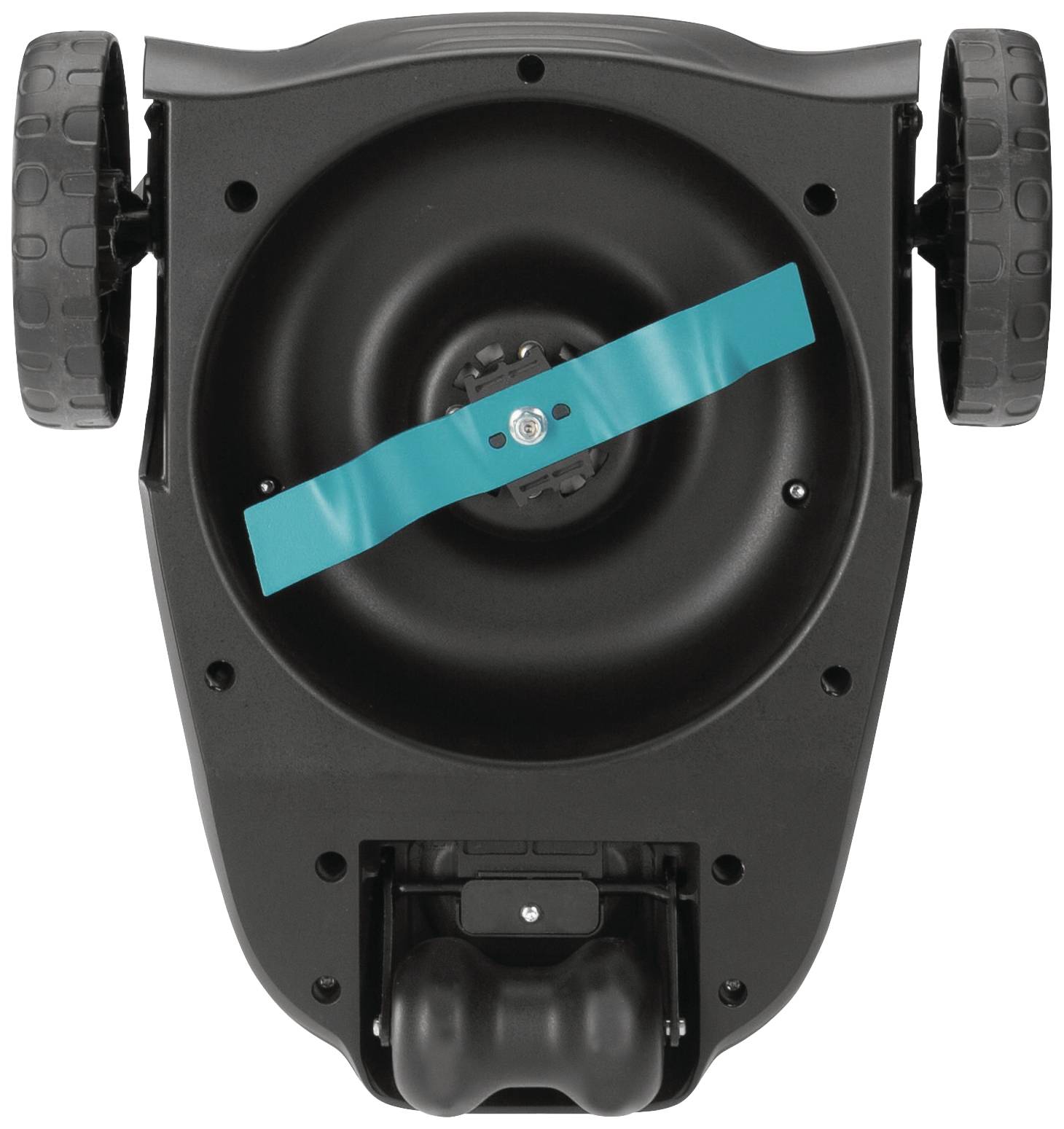 Udsigt under en robotplæneklipper med to hjul, en central blå beskyttelsesstreng og en skæreklinge.