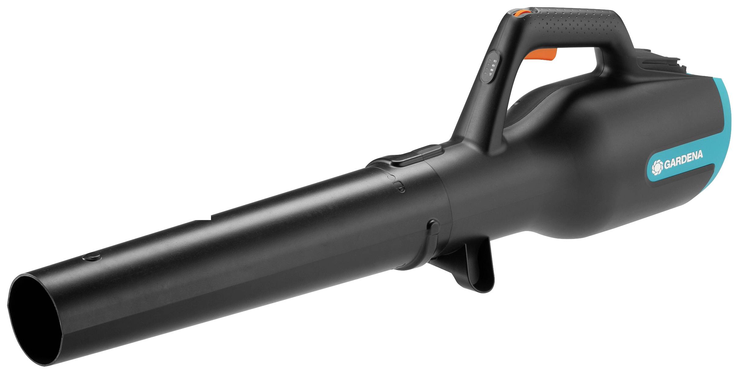 En sort håndholdt løvblæser fra GARDENA med blå og orange detaljer. Perfekt til fjernelse af blade i haven.