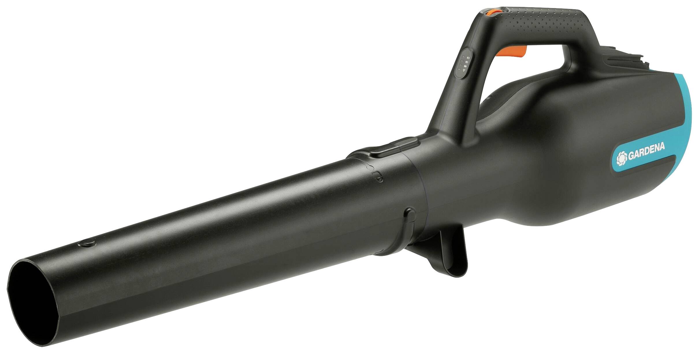 En sort løvblæser fra Gardena med ergonomisk greb og blå accentfarve, designet til nem manøvrering i haven.