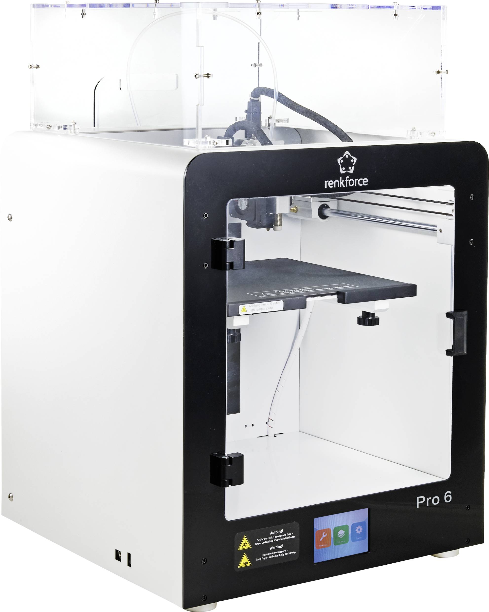 En hvid 3D-printer med et gennemsigtigt kabinet og teksten 'renkforce Pro 6' på forsiden.