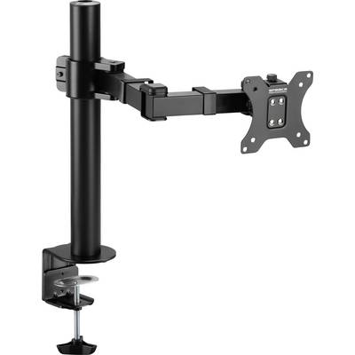 En sort monitorarm med justerbar arm, bordklemme og VESA-beslag til montering af skærme på et skrivebord.