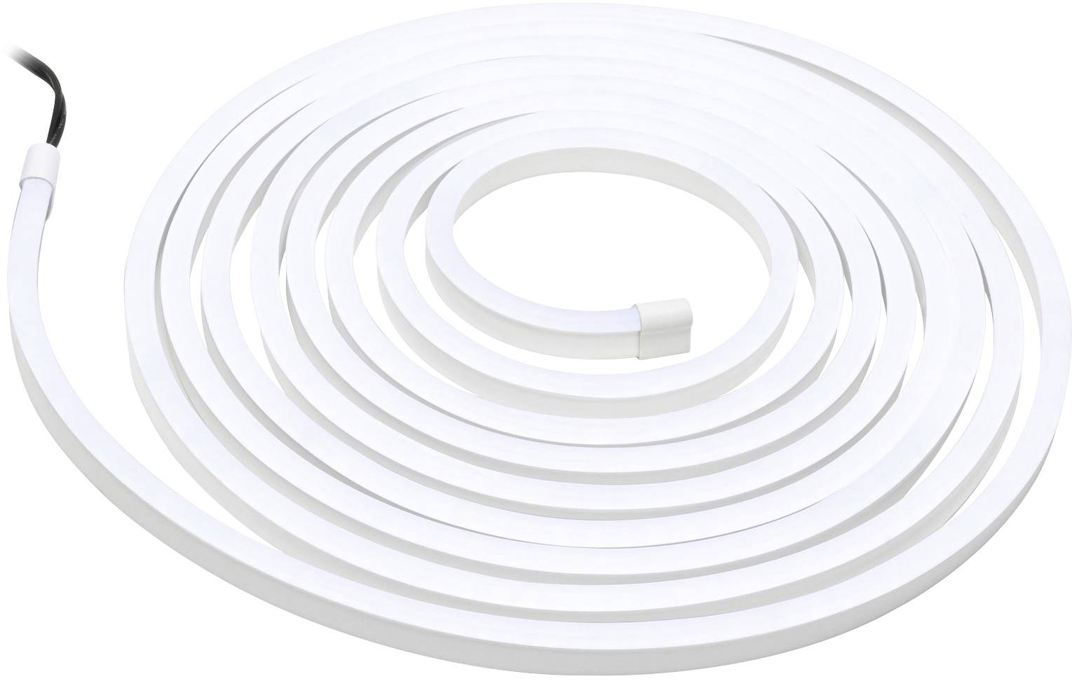 En hvid, spiralformet LED-lysstribe, der ligger på en hvid baggrund.