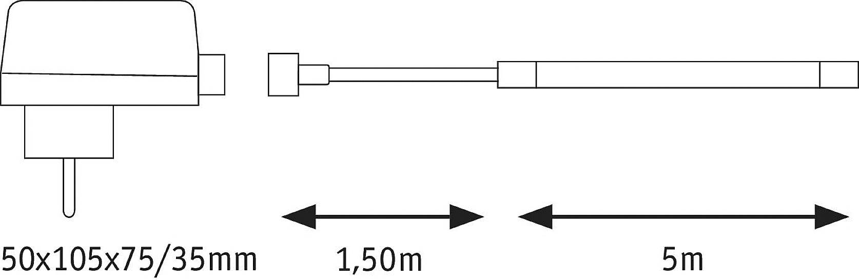 Diagram viser teknisk tegning af en enhed med dimensioner på 50x105x75/35 mm og et kabel på 1,50 m til et yderligere afsnit på 5 m.