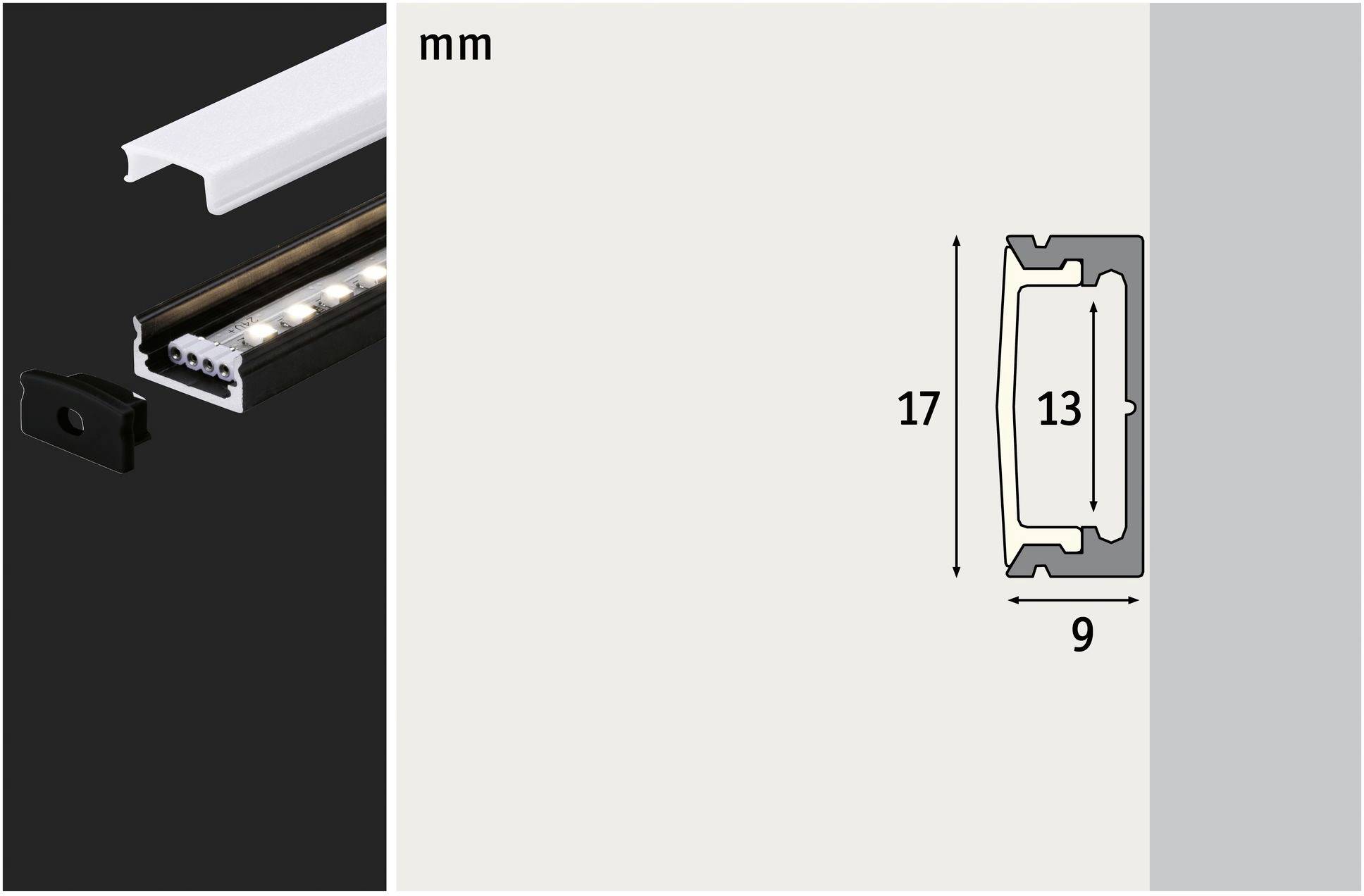 Figuren viser et aluminiumsprofil med LED-liste, mål: 17 mm højde, 13 mm indvendig bredde, 9 mm samlet bredde.
