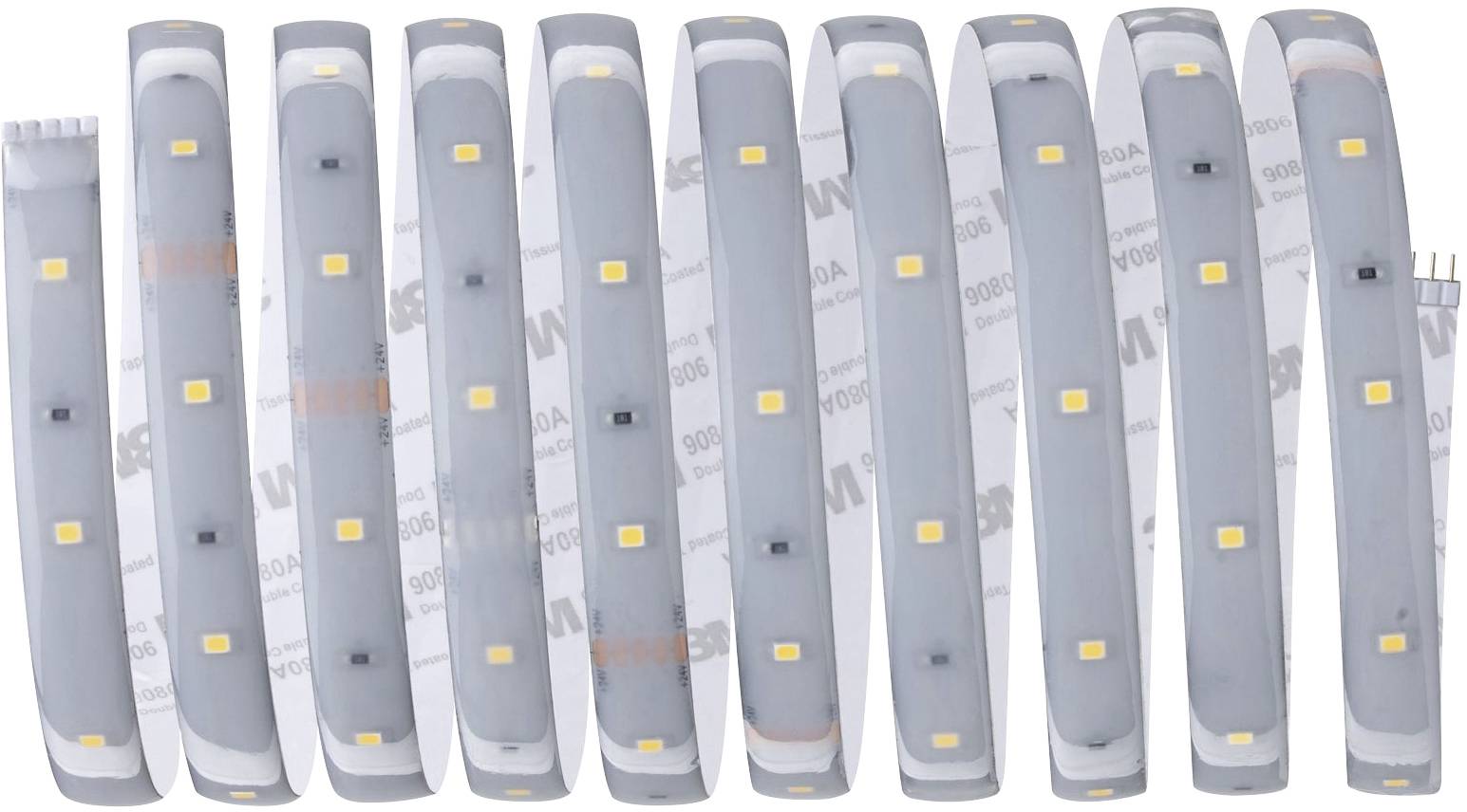 Ti fleksible LED-strimler i grå med gule lys, placeret ved siden af hinanden, viser forsiden og bagsiden af strimlerne.