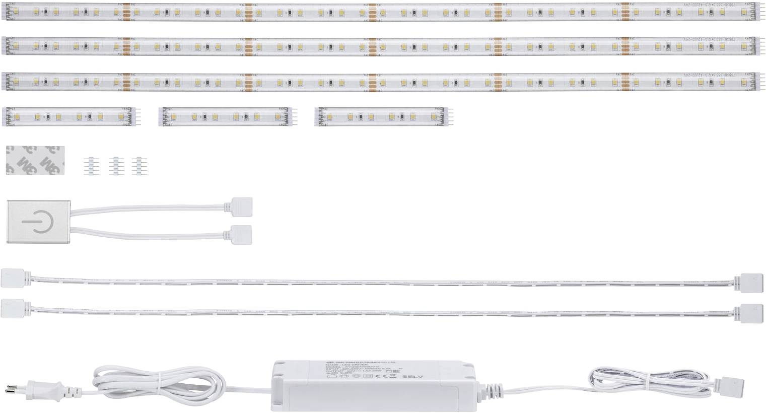 LED-lyslister-sæt bestående af fem lister, stikforbindelser, en kontakt og en strømforsyning. Perfekt til fleksibel belysning.