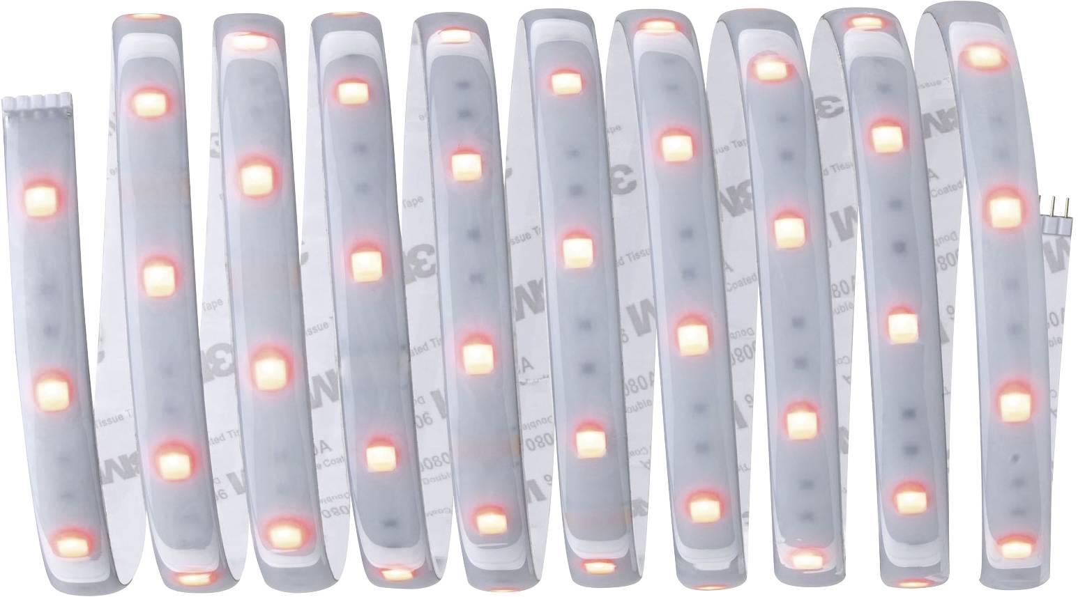 LED-stribe med røde lysende dioder på hvid baggrund. Strimlen er flere gange bølget og viser den ensartede fordeling af LED'er.