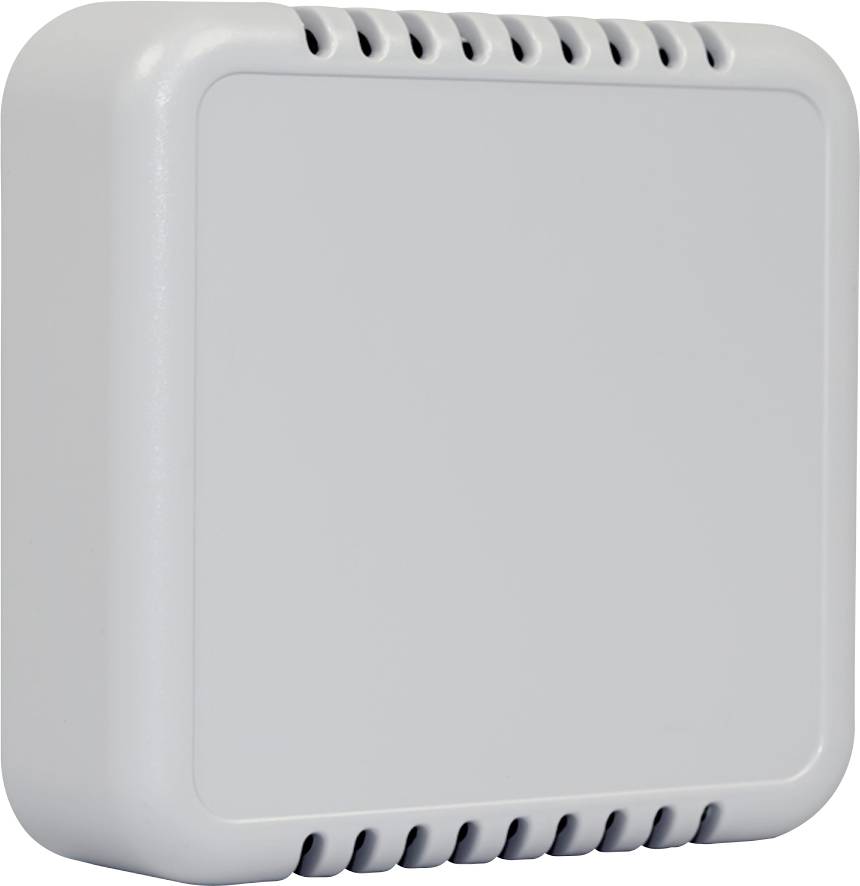 Et rektangulært, hvidt plastikhus med afrundede hjørner og ventilationssprækker på siderne.