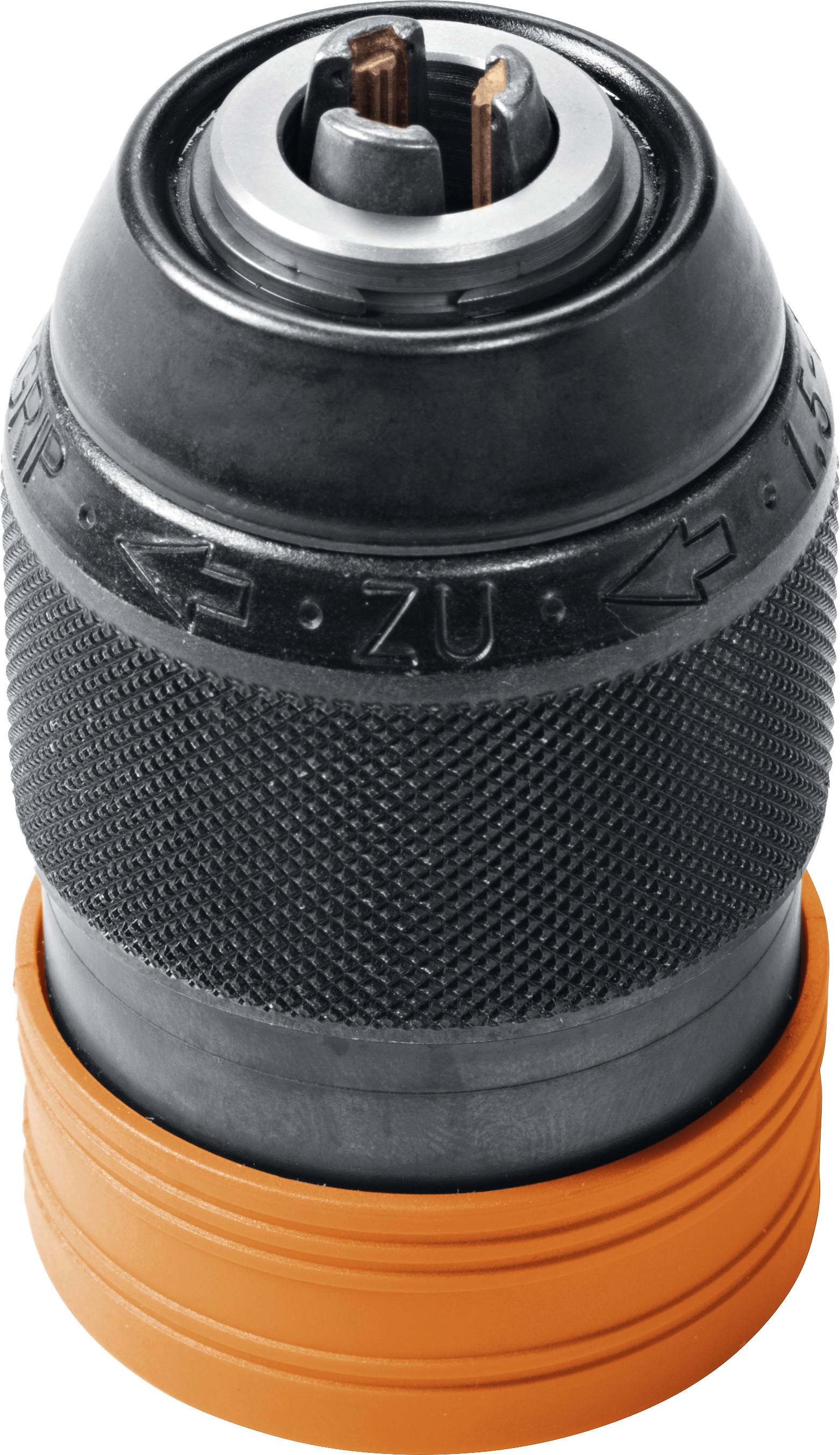 Borepatron i metal med skridsikker greb og orange gummibund, til sikker fastholdelse af bor i elværktøjer.