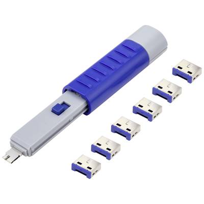 USB-hub med seks USB-porte og blå kabinet. Enheden giver mulighed for at tilslutte flere USB-enheder til en enkelt port.