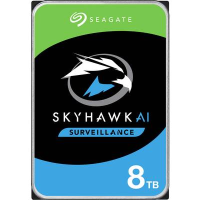 Etiket for Seagate SkyHawk AI 8TB Overvågningsdisk med mærkenavn og kapacitetsangivelse.