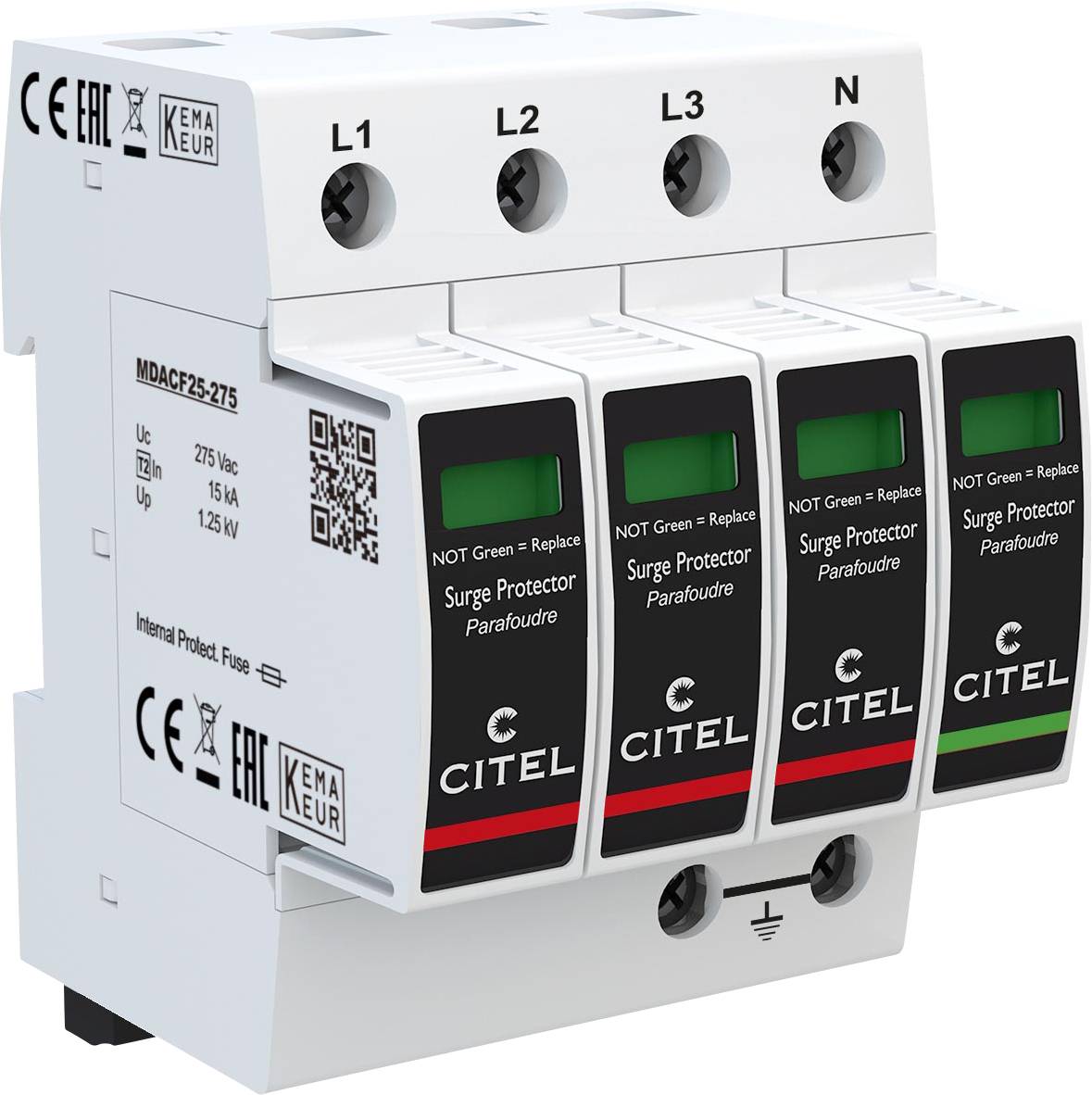 Billedet viser en overspendings beskyttelse fra CITEL med fire moduler, mærket L1, L2, L3 og N, til beskyttelse af elektriske systemer.