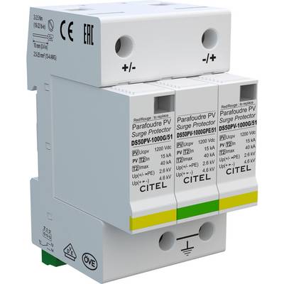 En trepolar overspændingsbeskyttelse fra CITEL til fotovoltaiske anlæg, mærket med tekniske specifikationer og certificeringssymboler.