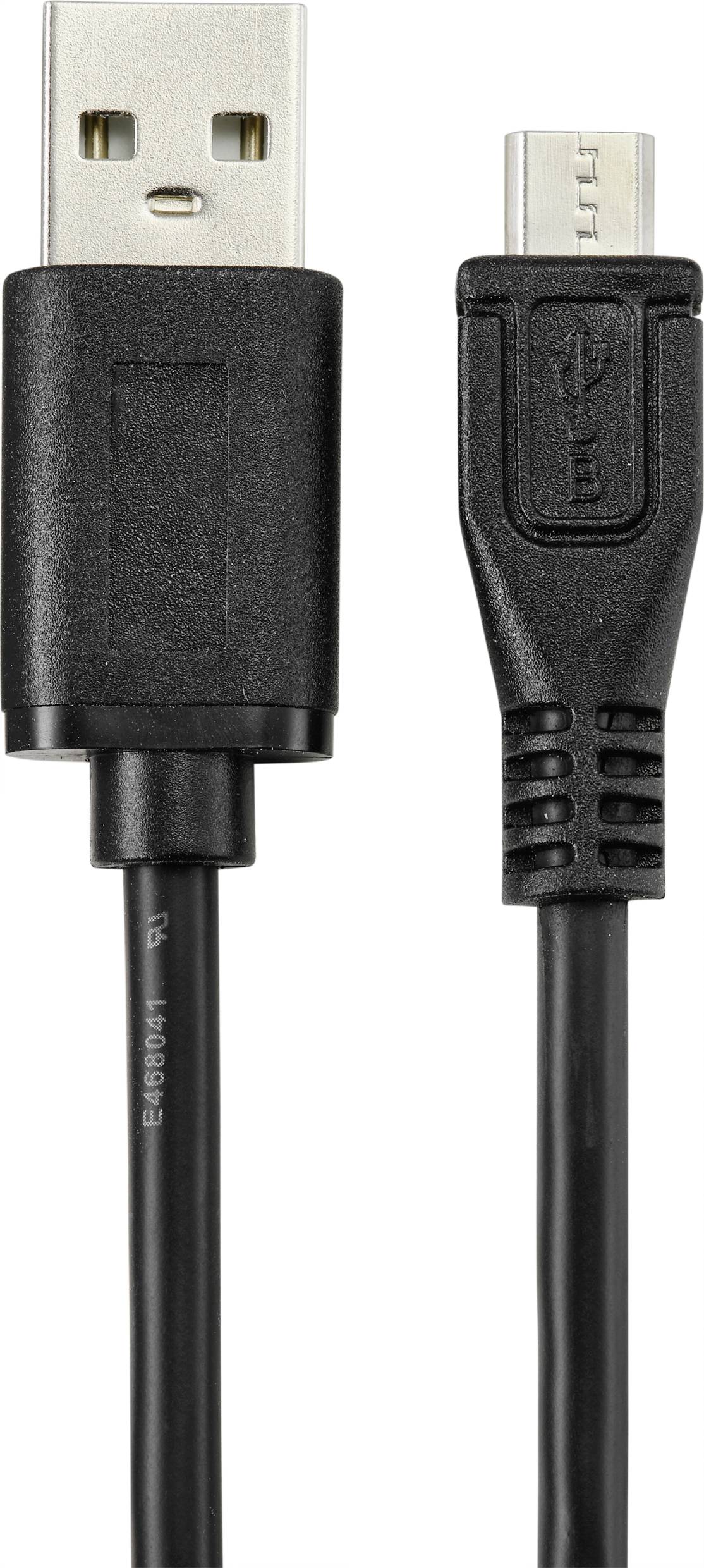 Et USB-kabel med to stik: venstre side har et USB-A-stik, højre side har et Micro-USB-stik. Kablet er sort.