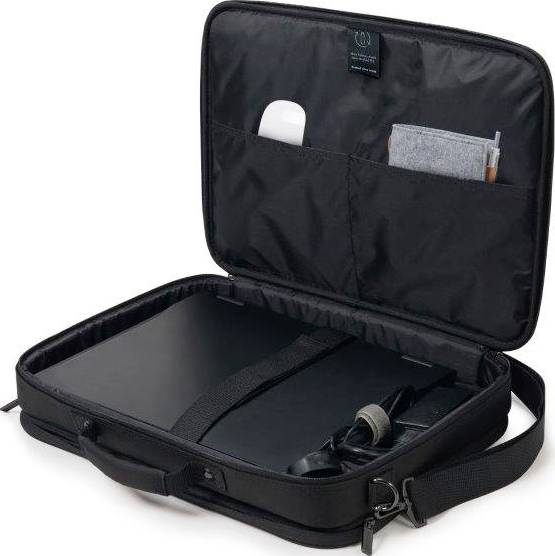 En åben sort laptoptaske med rum til en laptopoplader og andre tilbehørsdele.