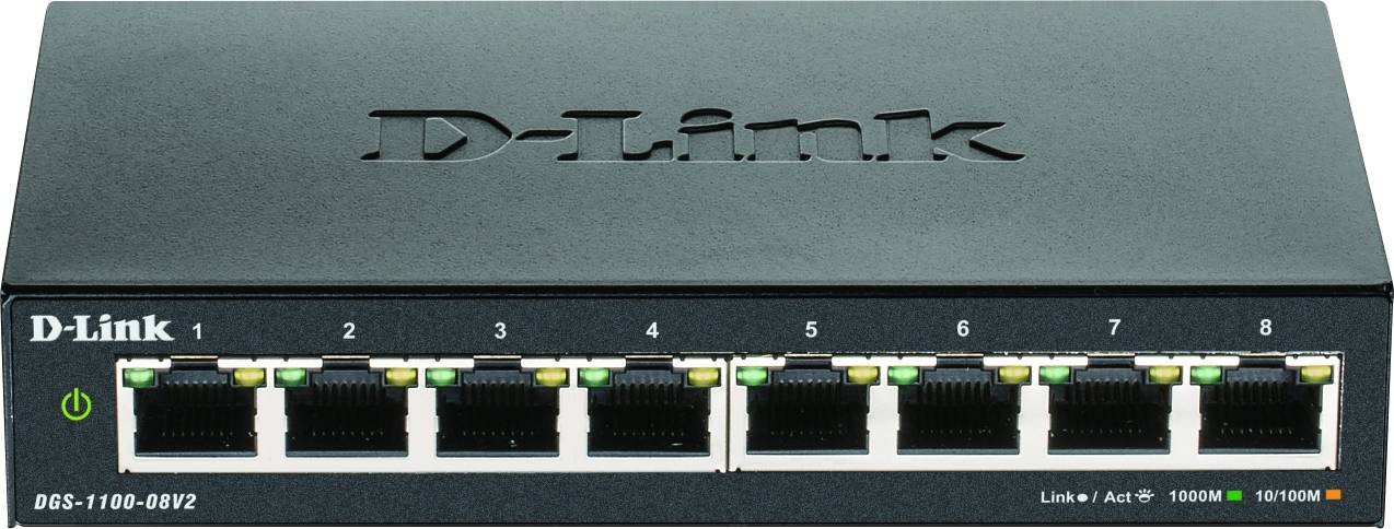 En sort 8-ports Ethernet-switch fra D-Link, model DGS-1100-08V2, med netværkstilslutning samt LED-indikatorer for link- og aktivitetsstatus.