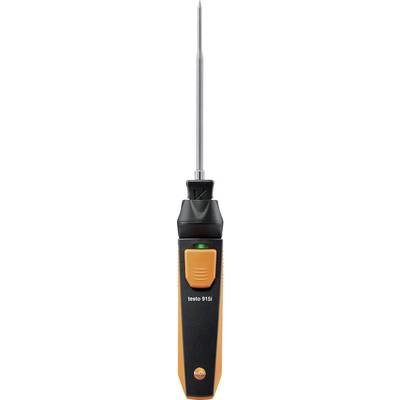 Et digitalt termometer med orange-sort kabinet og lang metalprobe, bruges til temperaturmåling. Mærke 'testo 915i'.