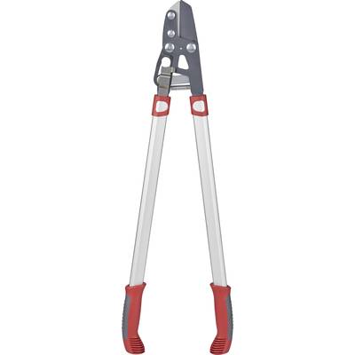 Beskæresaks med grå blade og røde håndtag. Velegnet til beskæring af grene og kviste i haver eller parker.