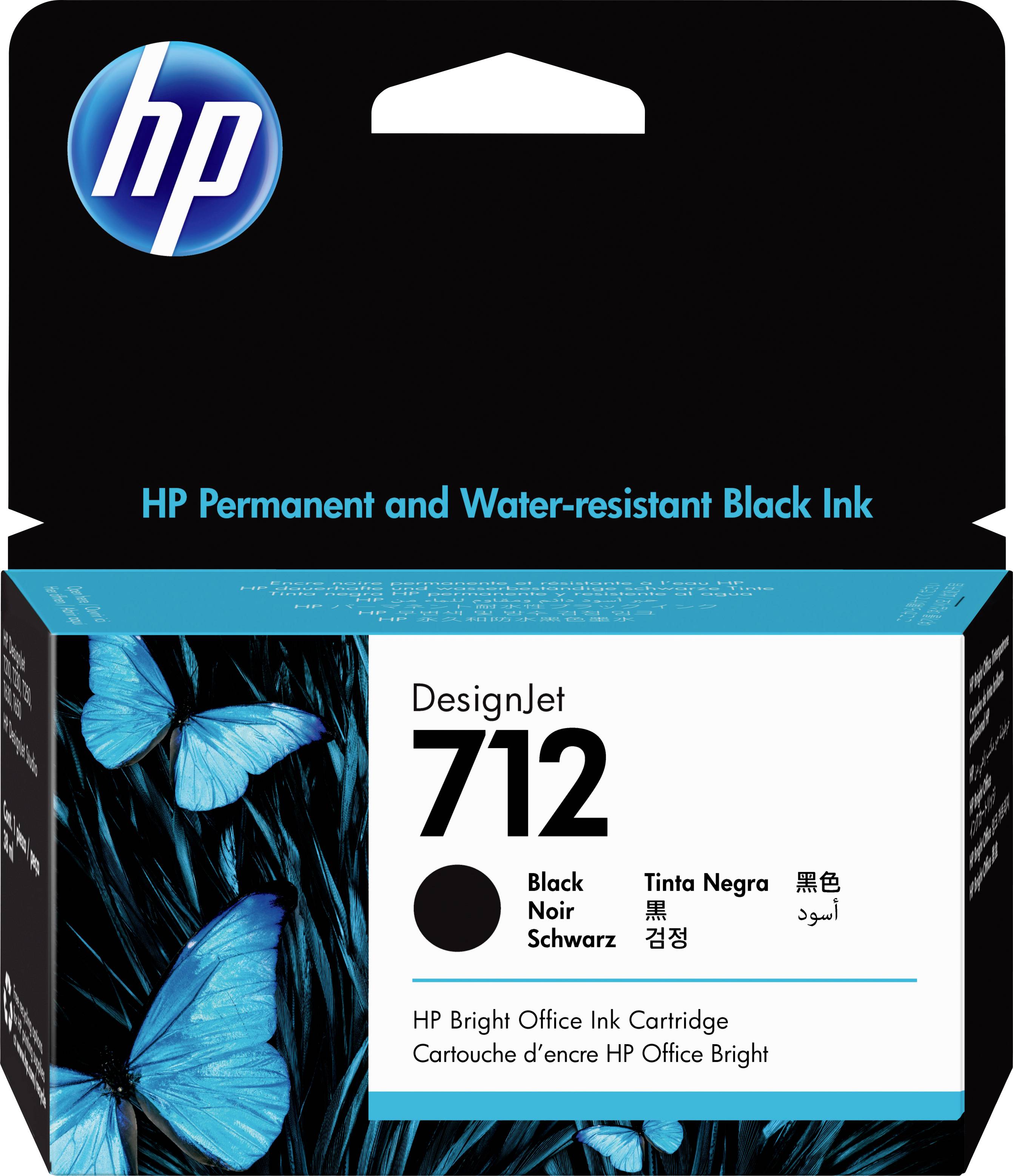 HP DesignJet 712 blækpatron i sort til kontorprintere. Vand- og smudsafvisende blæk. Emballage med sommerfuglemotiv.