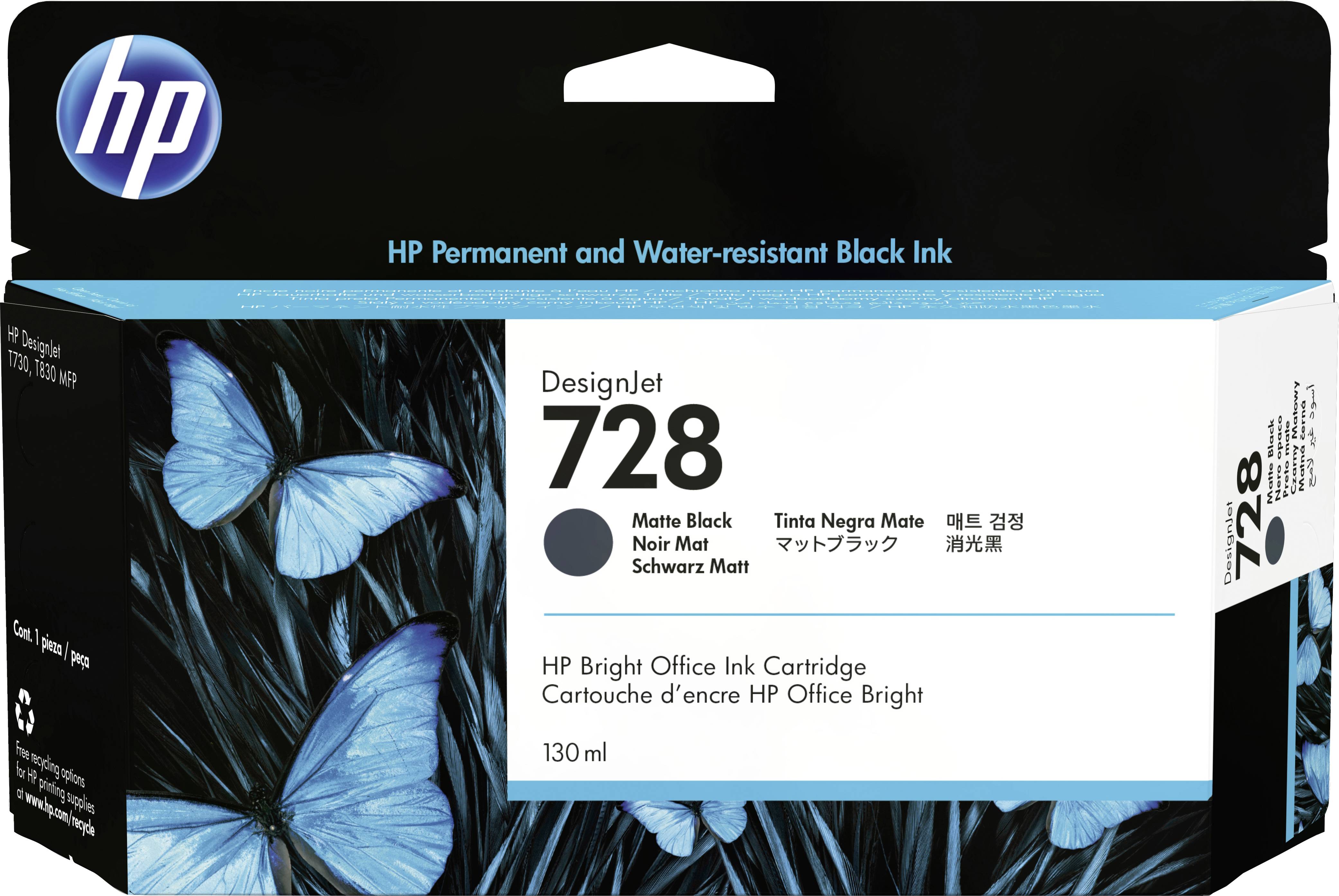 HP printblækpatron, DesignJet 728, 130 ml, matsort. Emballagen viser blå sommerfugle, HP-logo og produktspecifikationer.