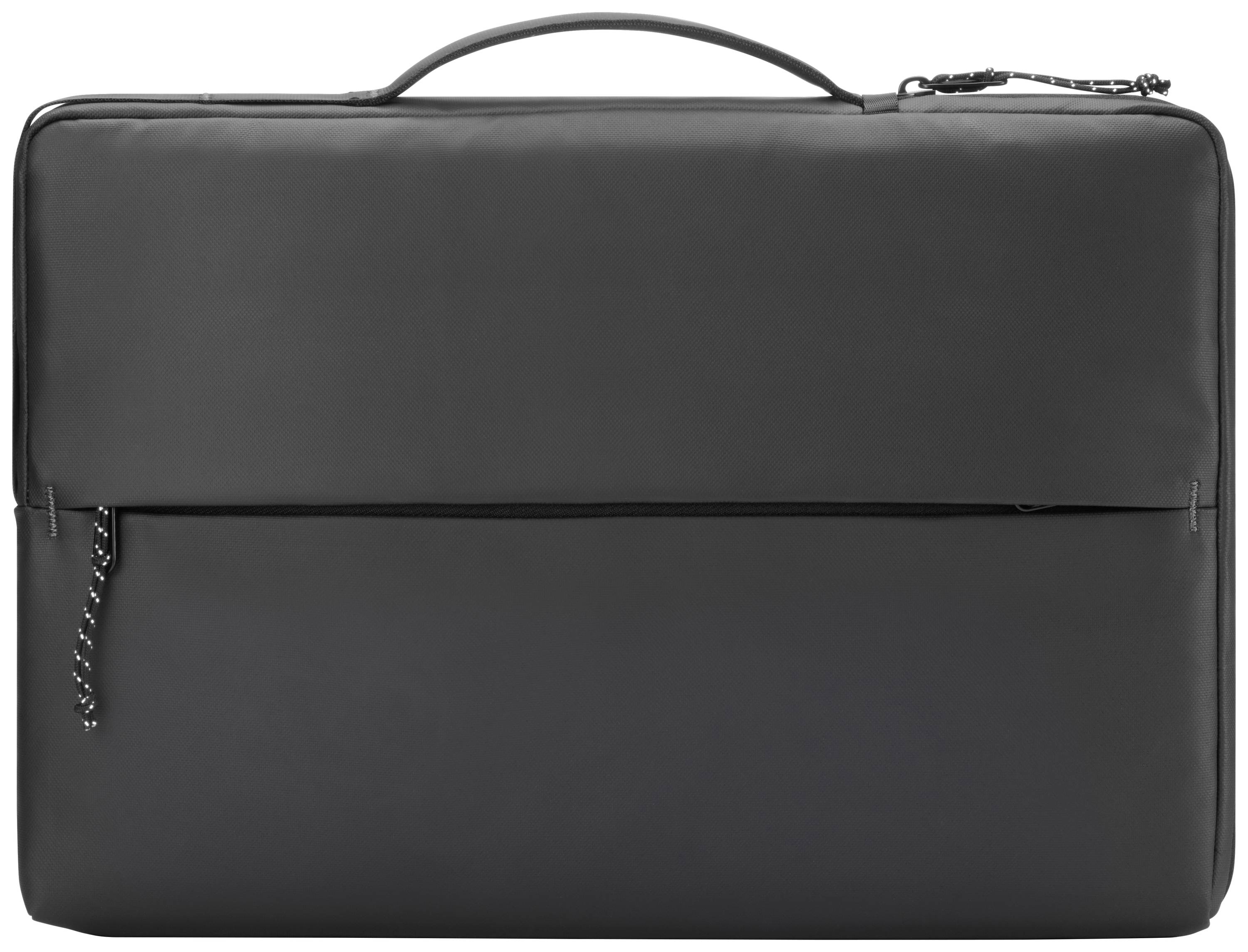 Sort laptoptaske med håndtag og lynlås. Den er enkelt og elegant designet.