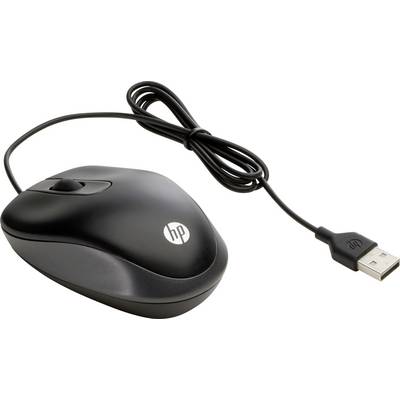 Sort kablet mus med USB-stik og mærkelogo påtrykt.
