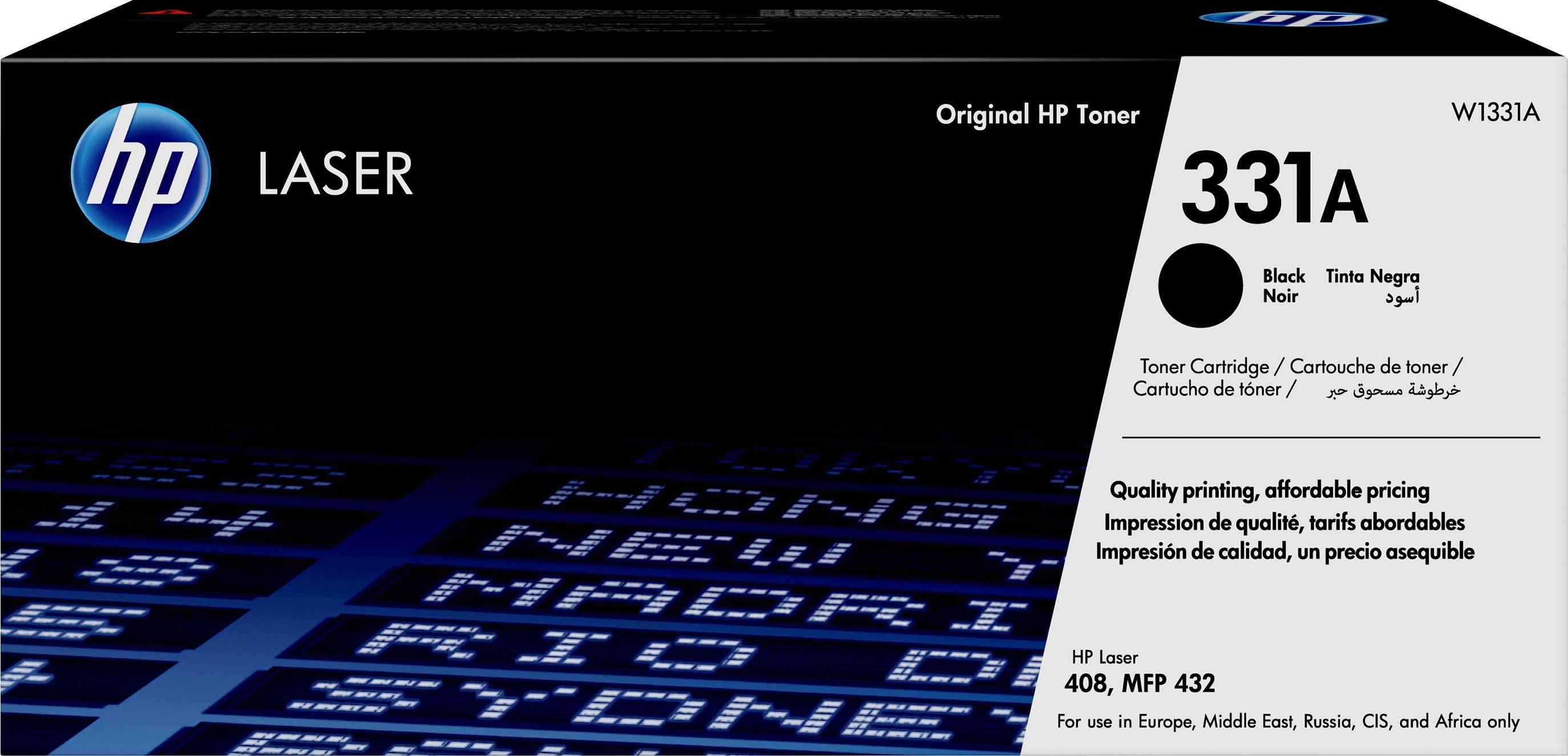 'Tonerpatron HP Laser 331A, Sort, egnet til HP Laser 408 og MFP 432. Emballagen fremhæver overkommelig udskrivning.'