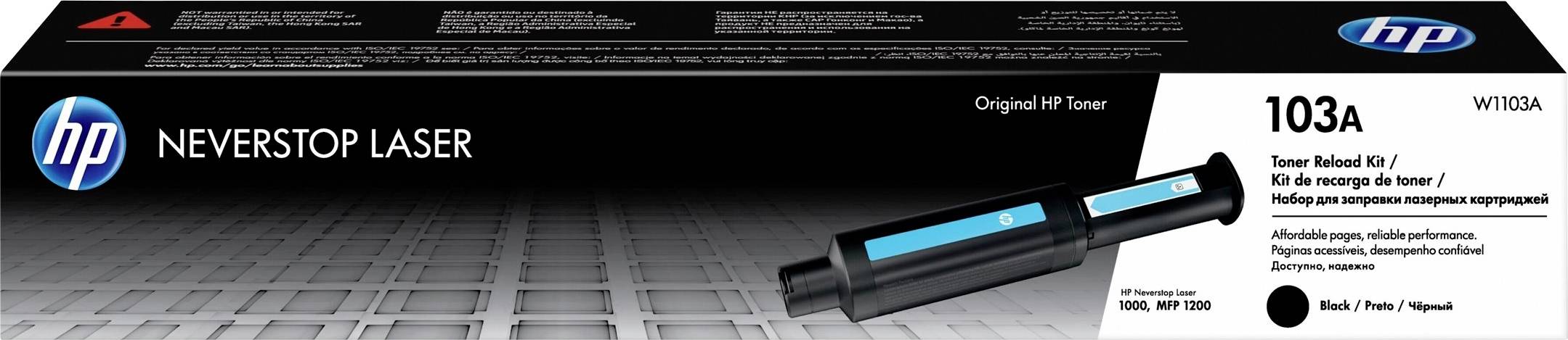 HP Neverstop Laser 103A tonerpatron i en produktemballage, der viser patronen og mærkedetaljer.