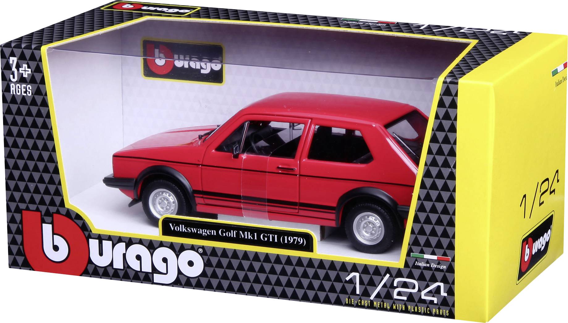 En rød modelbil 'Volkswagen Golf Mk1 GTI (1979)' i målestok 1:24, pakket i en Burago-æske, egnet for børn fra 3 år.