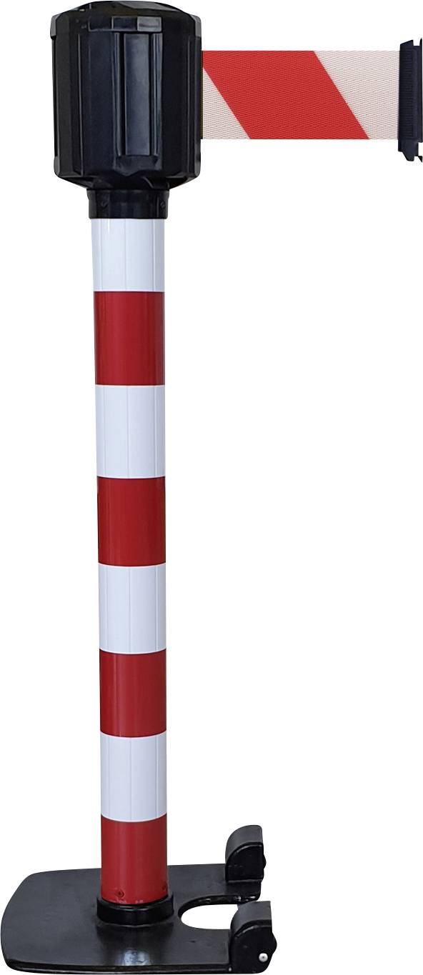 En rød-hvid stribet afspærring med et udtrækkeligt bånd, monteret på en robust sort sokkel, til rumadskillelse.