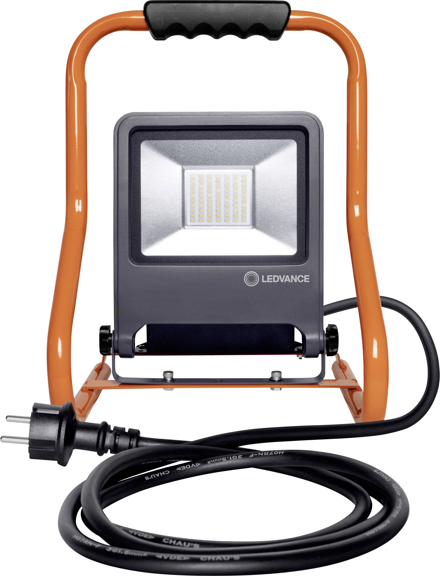Mobil LED-arbejdslampe med orange ramme, sort håndtag, LED-frontpanel og langt netledning, ideel til byggepladser.