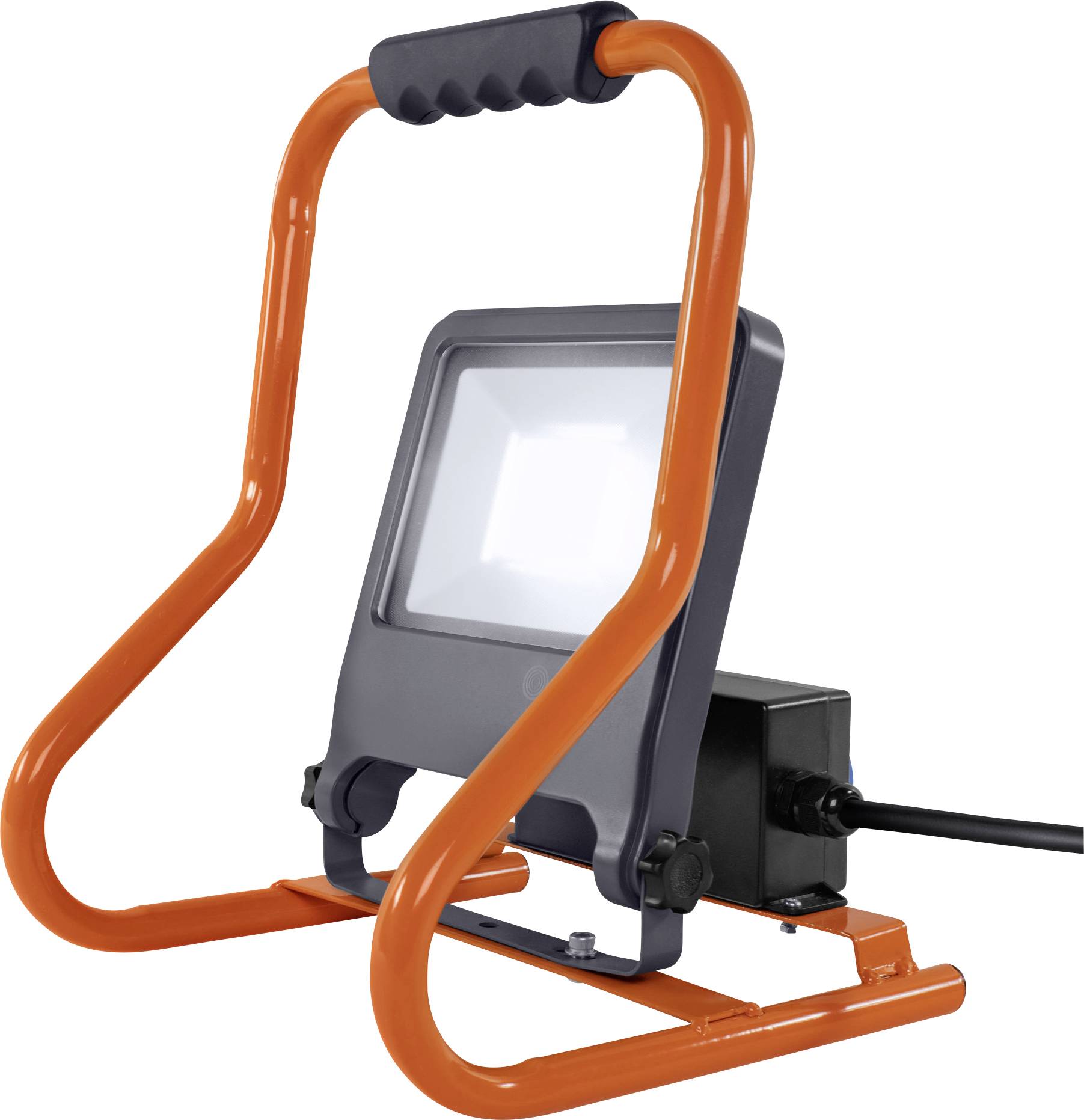En bærbar, orange LED-projektør på et stativ, egnet til brug som bygge- eller arbejdslampe.