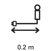 Symbol viser et kabel med stik og sokkel, forbundet med en enhed. Nedenunder står der '0,2 m', hvilket angiver kabellængden.
