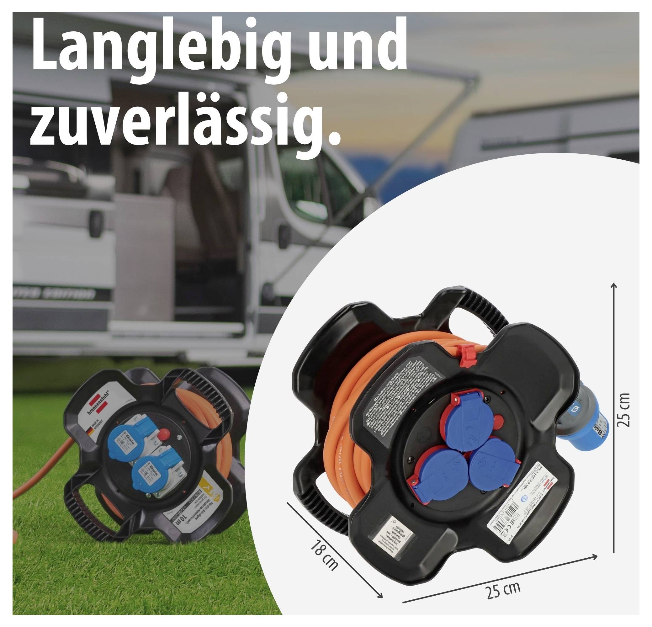 Annonceillustration af en kabelopruller med teksten "Holdbar og pålidelig."; viser produktet i sort med orange kabel, ved siden af målene 18 cm og 25 cm.