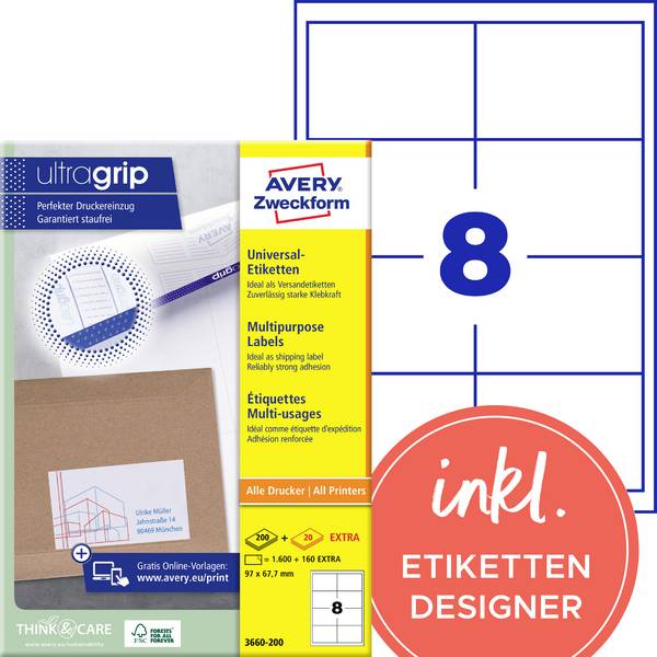 Avery-Zweckform 3660-200 Universelle etiketter 97 x 67.7 mm Papir Hvid 1760 stk Permanent vedhæftningsevne Farvelaserprinter