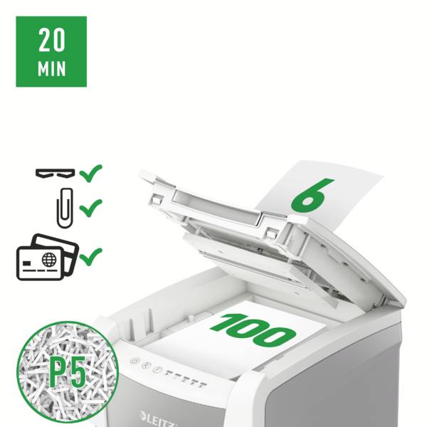 'Leitz 100' papmakuleringsmaskine med automatisk indføring, makulerer op til 100 ark på sikkerhedsniveau P5 inden for 20 minutter.