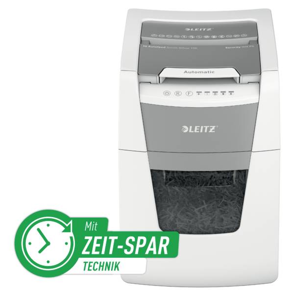 En hvid Leitz makuleringsmaskine med automatisk indføring. I forgrunden står 'Tidsbesparende teknologi'. Egnet til kontorer.