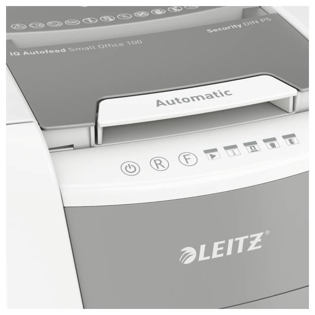 En makuleringsmaskine fra LEITZ med påskriften 'Automatic', egnet til små kontorer. Øverst er betjeningsknapper og symboler synlige.