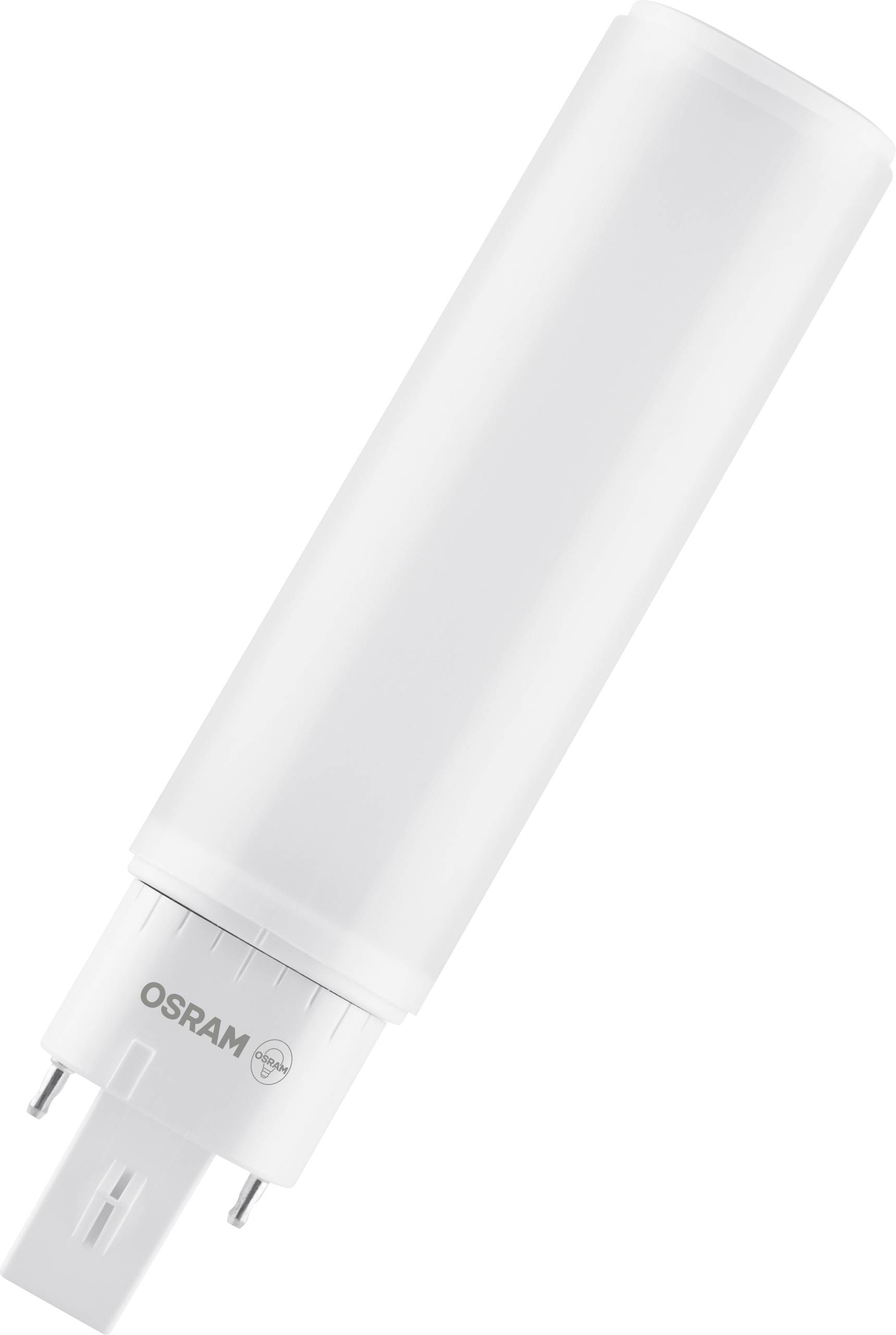 Hvid LED-lampe set fra oven, cylinderformet, med Osram-logo på soklen.