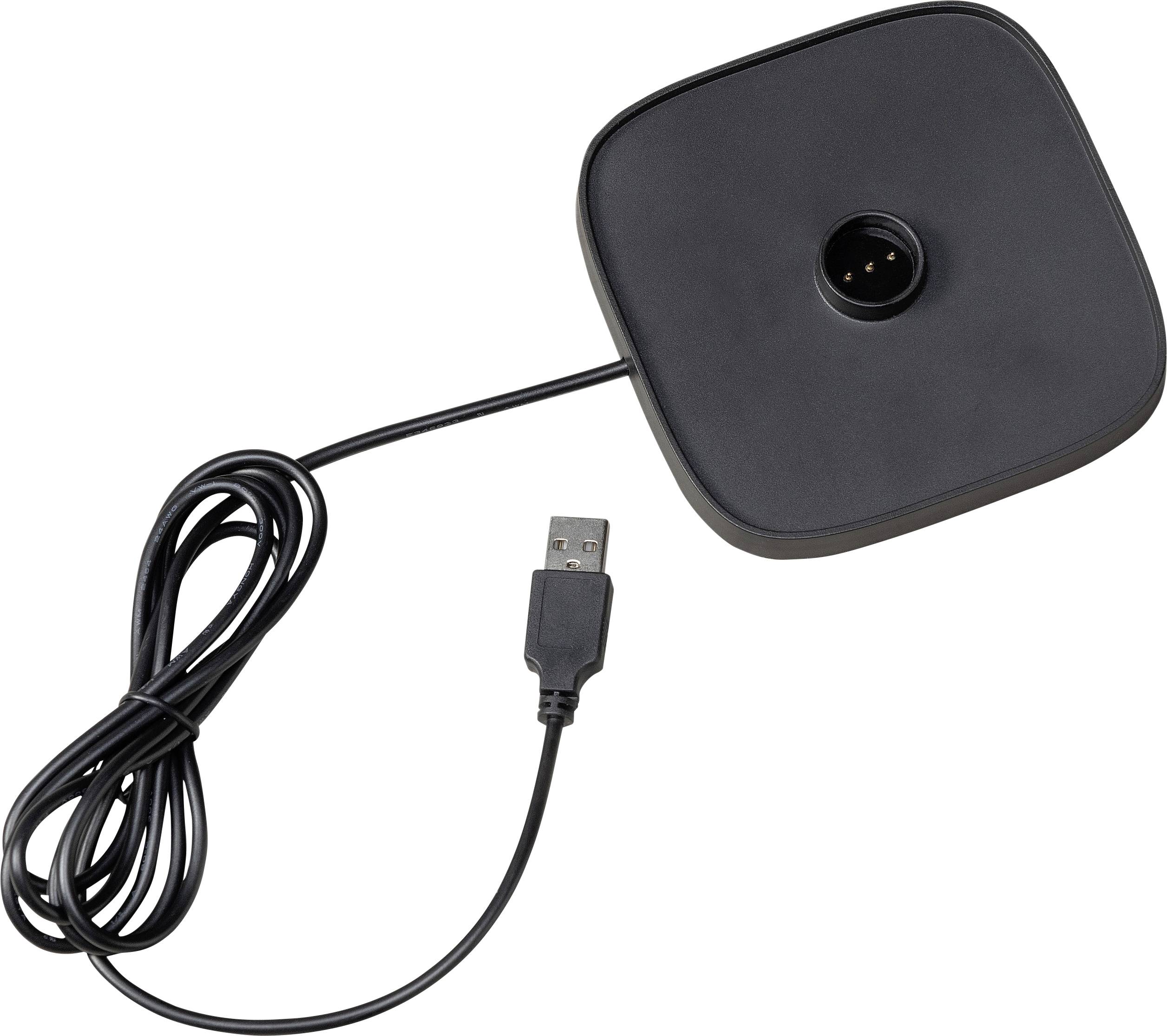 Sort USB-oplader med firkantet base og rund opladningspunkt i midten. Kablet med USB-stik er fastgjort ved basen.