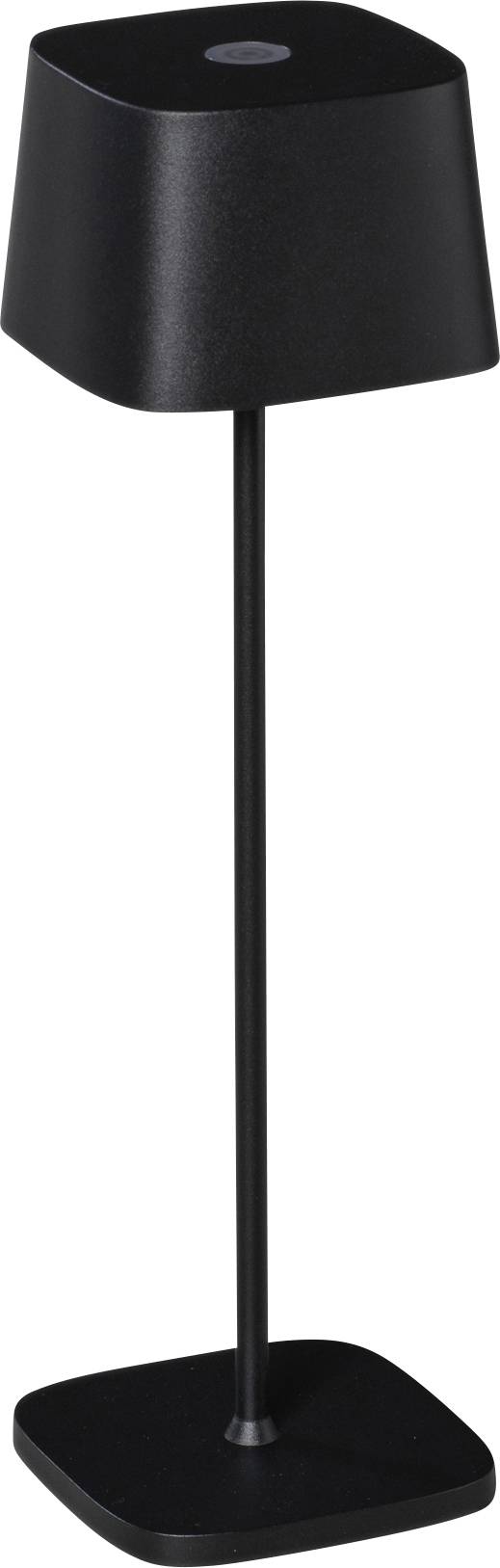 Sort, trådløs bordlampe med firkantet fod og smal, høj skærm.