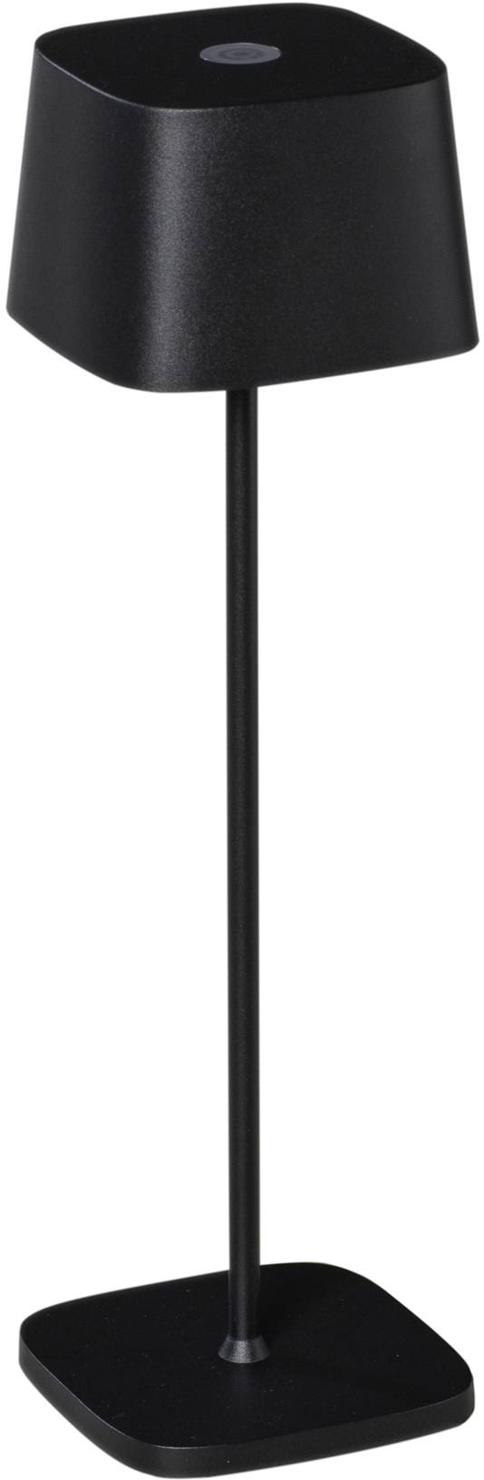 Sort bordlampe med firkantet lampeskærm og base, enkelt design, velegnet til moderne interiør.