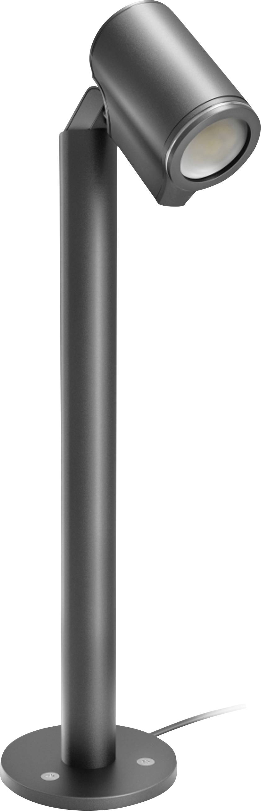 En sort justerbar spotlampe med et cylindrisk lampehoved på en rund fod, vist mod en hvid baggrund.